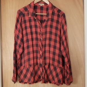 Buffalo check rayon raw ruffled hem button up.
